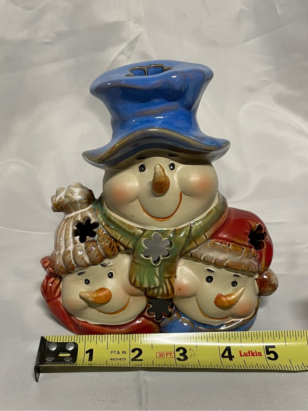 Ceramic Snowman Trio Holiday Figurine - Votive or Tealight Candle Holder